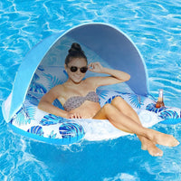 Inflatable Pool Floating Chair with Cup Holder Pool Chair Lounge Float with Adjustable Sun Shade Cover Blue