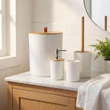 6 Pcs Bathroom Wash Set with Bamboo Lids and Plastic Body White
