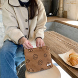 Corduroy Makeup Bag Cute Smile Dots Face Case Handbag with Zipper for Women Brown