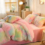 Soft Fluffy Plush Duvet Cover Set Faux Fur Quilt Covers Set Rainbow