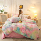 Soft Fluffy Plush Duvet Cover Set Faux Fur Quilt Covers Set Rainbow