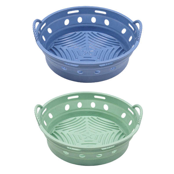 2Pcs Round Foldable Air Fryer Silicone Pot Reusable Air Fryer Basket Oven Baking Tray Pan Air Fryer Liner Green and Blue