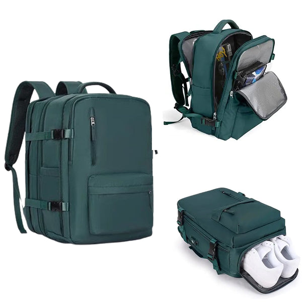 Expandable Travel Backpack Large Water-Resistant Carry on Backpack with Shoe Compartment Green