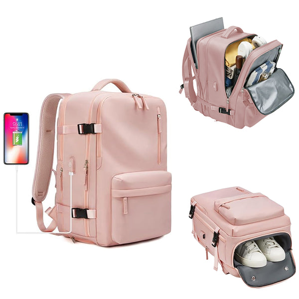 Expandable Travel Backpack Large Water-Resistant Carry on Backpack with Shoe Compartment Pink