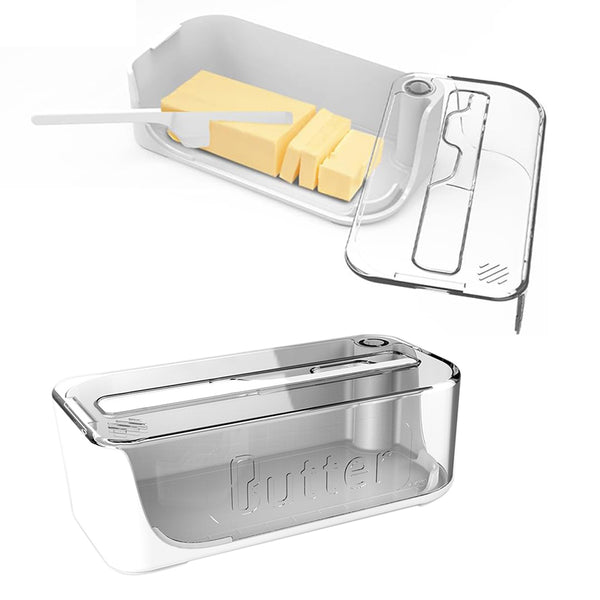 Plastic Butter Dish with Lid and Scale Line Butter Container with 180 Degrees Rotating Sealing Flip-Top for Countertop Fridge White