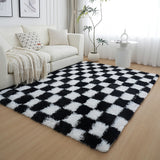 Modern Checkered Style Plush Rug Soft Area Rug for Bedroom Living Room Home Office Black