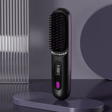 3-Mode Hair Straightener Brush with LED Display USB Rechargeable Hair Comb Black