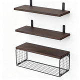 3 PCS Engineered Wood Wall Shelves with Metal Storage Basket Dark Brown
