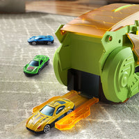 7Pcs Set Dinosaur Truck Toys Foldable Transport Track with 6 Pull Back Cars for Kids Christmas Birthday Green