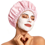 Reusable Polyester Satin Shower Cap Double-Layer Water-Resistant for Women Light Pink