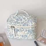 Large Travel Make Up Organizer Bag Floral Cute Cosmetic Bag for Women Girls Aesthetic Toiletry Bag Blue