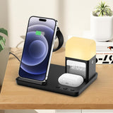 Wireless Charging Station with Alarm Clock Night Light 6-in-1 Charging Dock for Smartphone/Watch/Earbuds