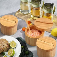 Bamboo Spice Container with Lid and Spoon for Storing Salt Pepper Sugar Herbs Small Spice Box Style 1