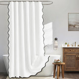 Shower Curtain Linen Textured with Hooks Wavy Edge Washable Waterproof White