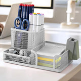 3 Compartment Mesh Pen Holder Desk Organizers Pencil Holder for Desk Silver