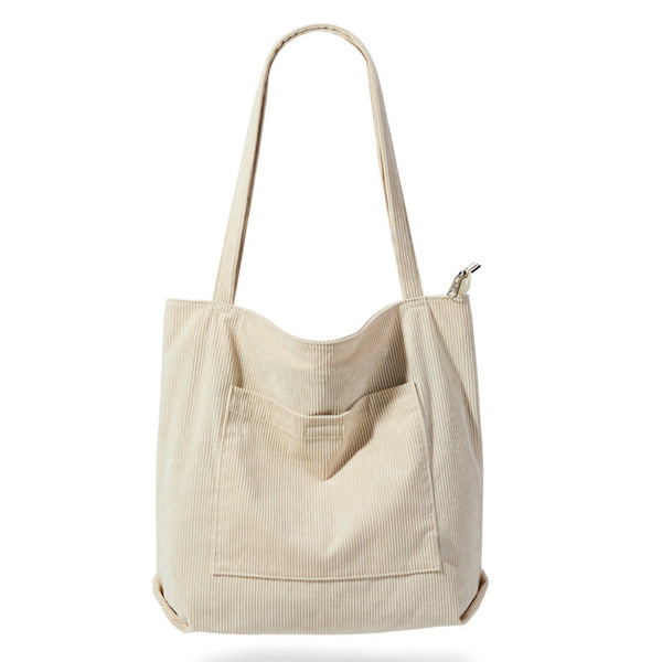 Women Corduroy Tote Bag Shoulder Hobo Bag Big Capacity Shopping Work Bag Beige
