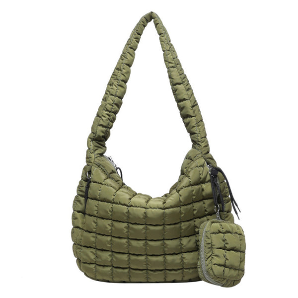 Puffer Tote Bag Quilted Puffy Crossbody Carryall Handbag Army Green
