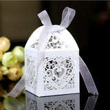 50 PCS Laser Cut Pearl Paper Candy Favor Boxes with Ribbons White
