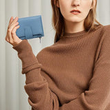 Genuine Leather Women's Wallet Short RFID Blocking Purse with Zipper Light blue