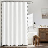 Shower Curtain Linen Textured with Hooks Wavy Edge Washable Waterproof White