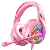 Wired Over-Ear Gaming Headset with RGB LED Lights and Noise-Canceling Mic Pink