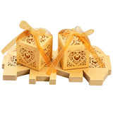 50 PCS Laser Cut Pearl Paper Candy Favor Boxes with Ribbons Gold