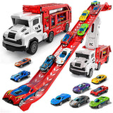 Large Transporter Truck Toy with Dual Track and 6 Alloy Racing Cars Red