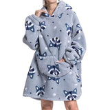 Adult Extra Long Oversized Hoodie Wearable Blanket Plush Sweatshirt Soft Fleece Gray Raccoon