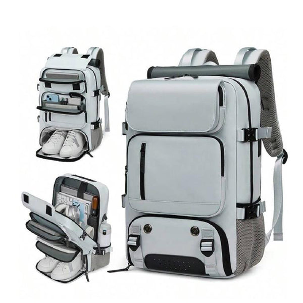 Large Travel Backpack Water Resistant Laptop Backpack Camping Rucksack With Separate Shoe Pocket Grey