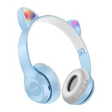Bluetooth 5.0 Wireless Cat Shape Headphones with RGB Light Foldable Headset Light Blue