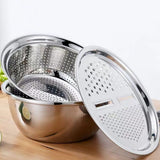 3Pcs Multifunctional Stainless Steel Basin 3 in 1 Stainless Steel Basin Strainer Set for Rinsing Draining Mixing