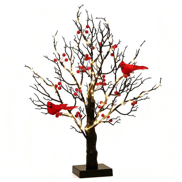 Vintage Glowing Tree with Cardinals – Birch Tree with Berries for Xmas Decoration