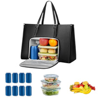 Laptop Tote Bag with Insulated Lunch Compartment PU Briefcase with Lunch Box Pocket Work Bag for Office