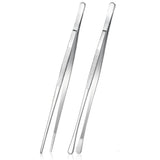 2PCS Kitchen Cooking Tongs Tweezers Stainless Steel Kitchen Round and Straight Head for Grilling Cooking Silver