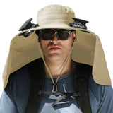 Outdoor Wide Brim Sun Hat with 2 Solar Fan Sun Bucket Hat for Fishing Camping Hiking Khaki