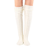 Women's Cable Knit Thigh High Socks Over Knee Stockings Winter Long Boot Warmers White