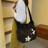 Y2K Canvas Messenger Bag Star Tote Bags Shoulder Travel Crossbody Bags for Women Black