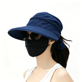 Detachable Wide Brim Sun Hat 2 in 1 with Zipper for Women Navy Blue