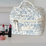 Large Travel Make Up Organizer Bag Floral Cute Cosmetic Bag for Women Girls Aesthetic Toiletry Bag Blue