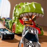Foldable Dino Carrier Truck Dual Tracks with 6 Mini Cars for Home Outdoors Green