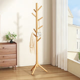 Wooden Coat Rack Freestanding with 8 Hooks for Bedroom Office Natural Wood