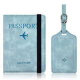 RFID Passport Cover and Luggage Tag Set PU Leather Travel Organizer Light Blue