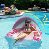 Inflatable Pool Floating Chair with Cup Holder Pool Chair Lounge Float with Adjustable Sun Shade Cover Pink