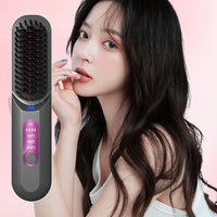 Cordless Hair Straightener Brush Mini Anion Hot Straightener Comb with LED Display Grey