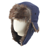 Trapper Hat with Warm Faux Fur – Russian Bomber Pilot Winter Hat Dark Navy Blue
