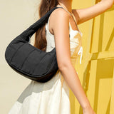 Small Nylon Quilted Crescent Shoulder Bag for Women with Adjustable Strap Black