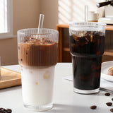 2PCS Iced Coffee Cups with Lids Ribbed Glass Coffee Bar Accessories for To Go Iced Coffee