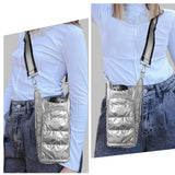 Quilted Insulated Water Bottle Carrier Bag Stylish Puffer Crossbody Hydrowater Pouch with Card Holder Pocket Silver