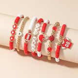 7 Piece Football Clay Bead Bracelet Stack Set Elastic Red