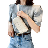PU Leather Woven Style Crossbody Bag Small Shoulder Fanny Pack for Women Beige